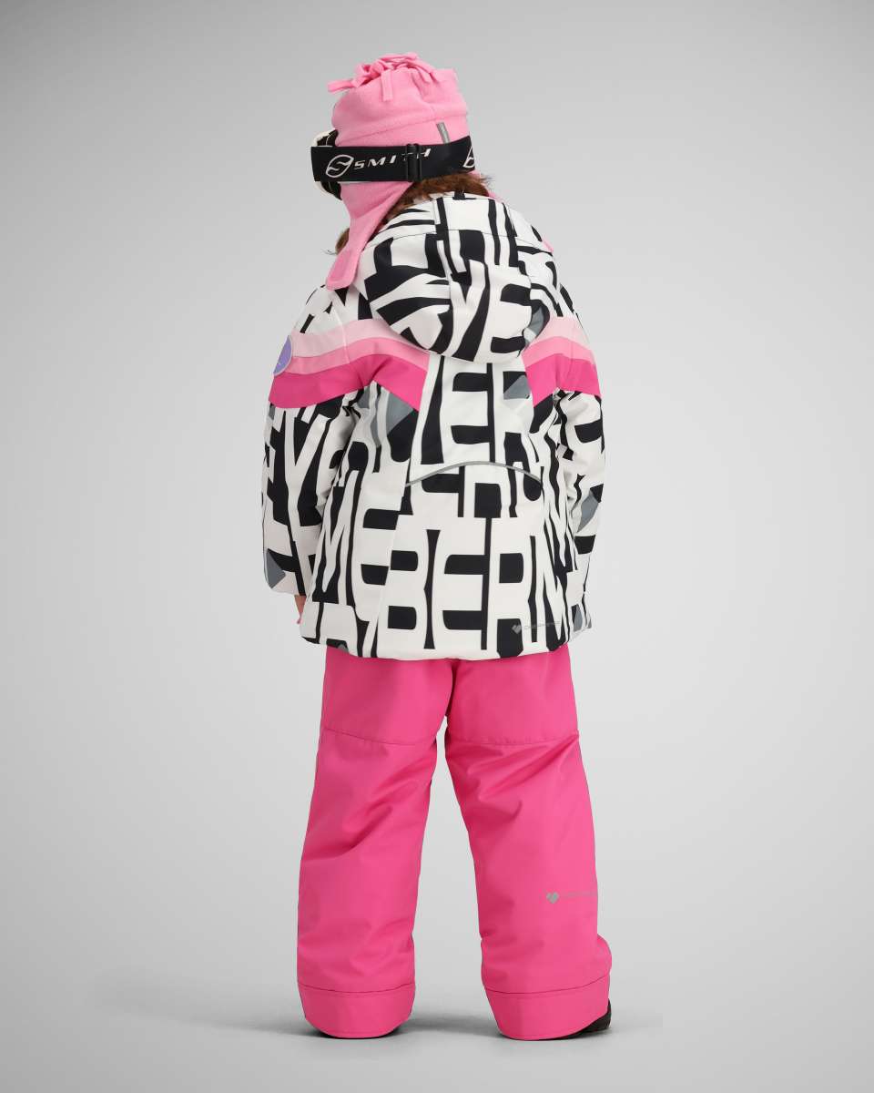 Obermeyer Girls Cara Mia Insulated Jacket 2024 - A black and white abstract patterned jacket with pink accents on the sleeves, hood, and trim.