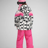 Obermeyer Girls Cara Mia Insulated Jacket 2024 - A black and white abstract patterned jacket with pink accents on the sleeves, hood, and trim.
