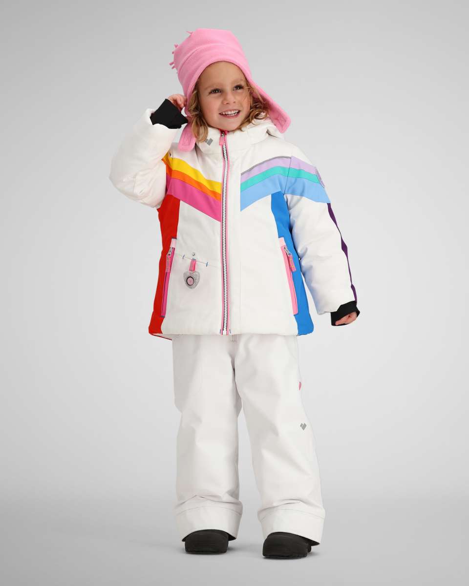 Obermeyer Girls Cara Mia Insulated Jacket 2024 - A white jacket with a rainbow stripe across the chest and shoulder area.