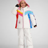 Obermeyer Girls Cara Mia Insulated Jacket 2024 - A white jacket with a rainbow stripe across the chest and shoulder area.