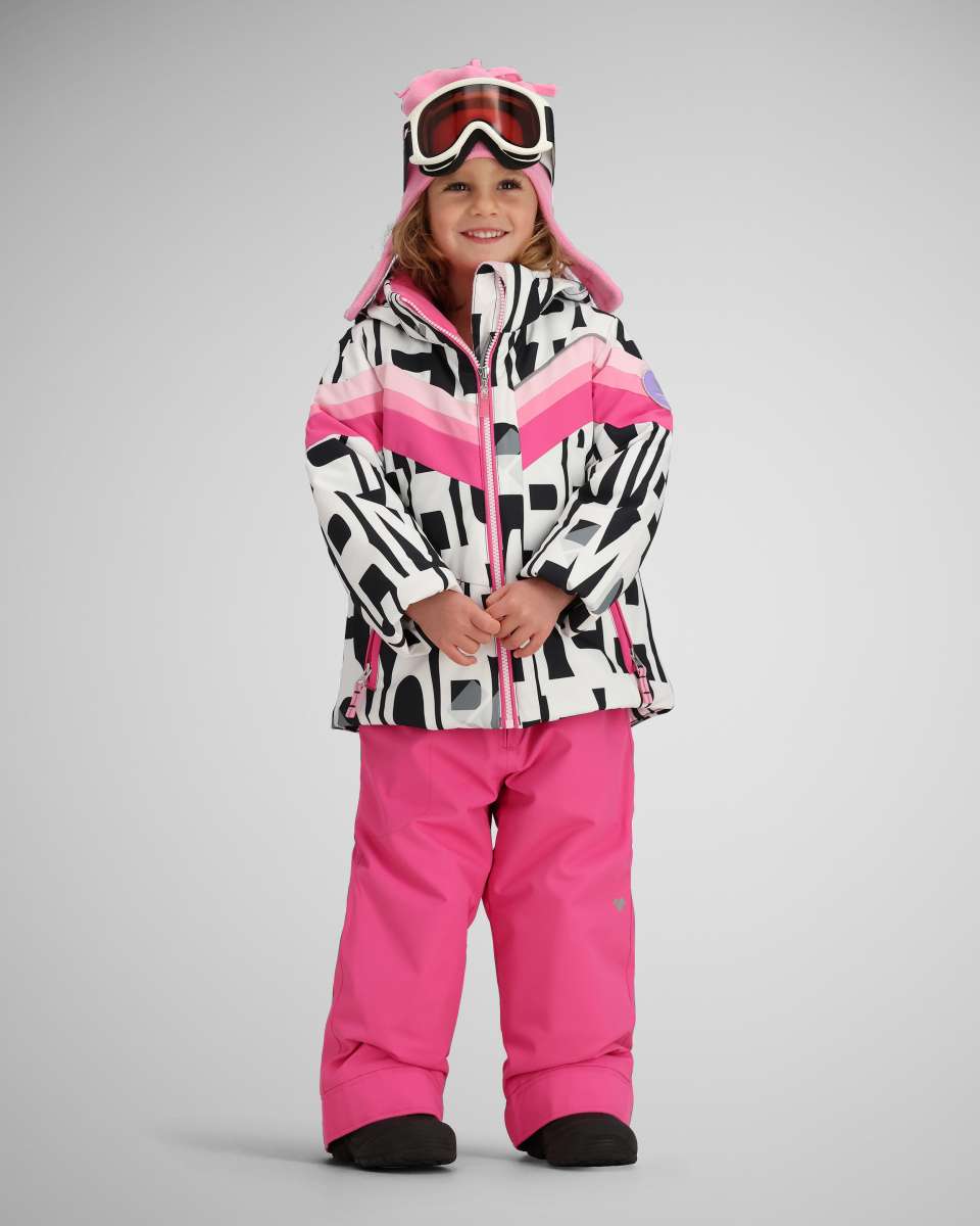 Obermeyer Girls Cara Mia Insulated Jacket 2024 - A black and white abstract patterned jacket with pink accents, featuring a hood and zipper closure.