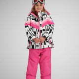 Obermeyer Girls Cara Mia Insulated Jacket 2024 - A black and white abstract patterned jacket with pink accents, featuring a hood and zipper closure.