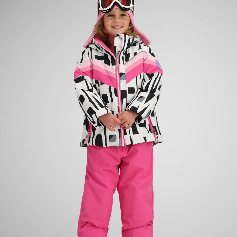 Obermeyer Girls Cara Mia Insulated Jacket 2024 - A black and white abstract patterned jacket with pink accents, featuring a hood and zipper closure.