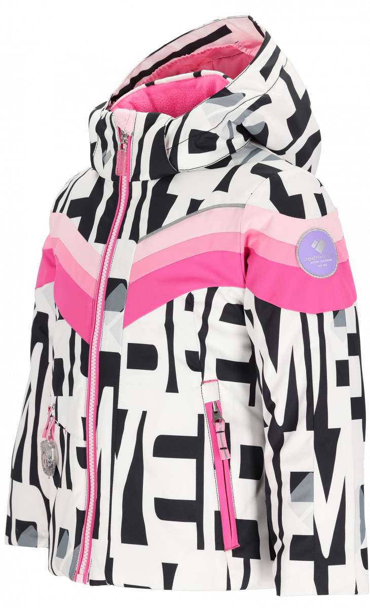 Obermeyer Girls Cara Mia Insulated Jacket 2024 - A black and white geometric patterned jacket with pink accents on the hood, zipper, and trim.