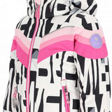 Obermeyer Girls Cara Mia Insulated Jacket 2024 - A black and white geometric patterned jacket with pink accents on the hood, zipper, and trim.