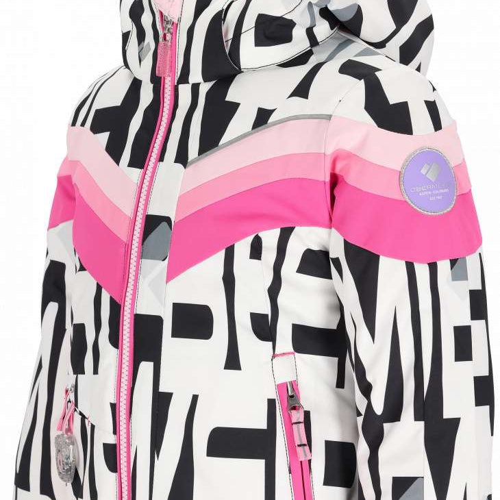 Obermeyer Girls Cara Mia Insulated Jacket 2024 - A black and white geometric patterned jacket with pink accents on the hood, zipper, and trim.