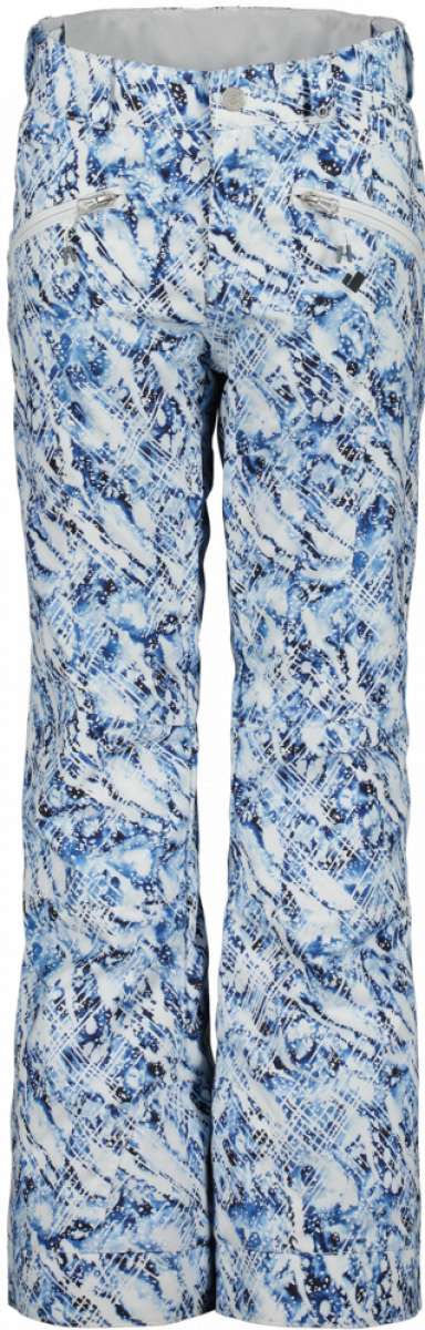 Obermeyer Girl Jessi Insulated Print Pant 2022-2023 - A pair of snow pants with a blue and white abstract pattern, featuring black accents and a zippered pocket on the back.