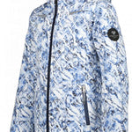 Obermeyer Girls Leia Insulated Jacket 2022-2023 - A white and blue abstract patterned jacket with a hood, zipper closure, and two zippered pockets on the front.