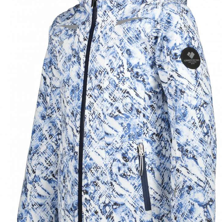 Obermeyer Girls Leia Insulated Jacket 2022-2023 - A white and blue abstract patterned jacket with a hood, zipper closure, and two zippered pockets on the front.