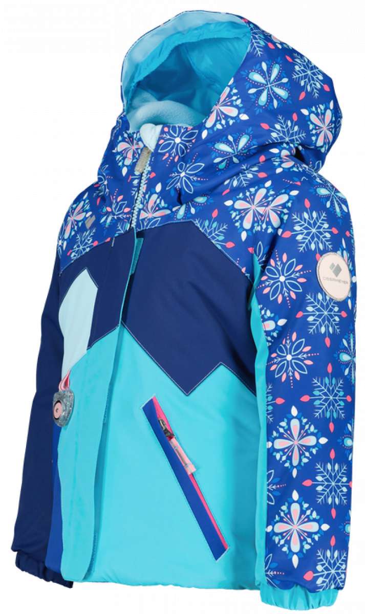 Obermeyer Girls Lissa Insulated Jacket 2022-2023 - A navy blue jacket with a white snowflake pattern and light pink accents.