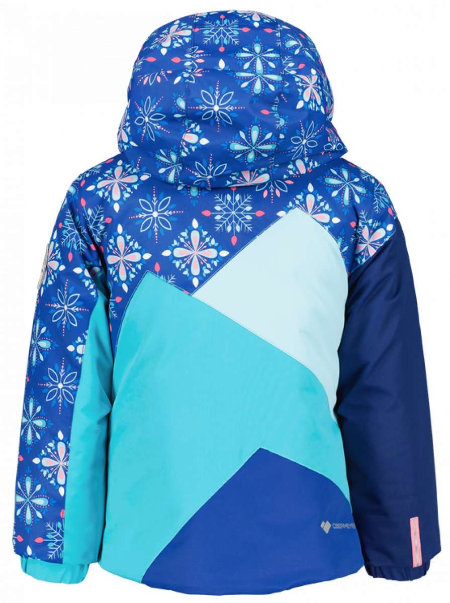 Obermeyer Girls Lissa Insulated Jacket 2022-2023 - A blue jacket with a snowflake pattern on the hood and sleeves, featuring a zipper closure and two pockets.