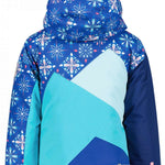 Obermeyer Girls Lissa Insulated Jacket 2022-2023 - A blue jacket with a snowflake pattern on the hood and sleeves, featuring a zipper closure and two pockets.