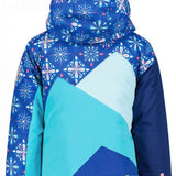Obermeyer Girls Lissa Insulated Jacket 2022-2023 - A blue jacket with a snowflake pattern on the hood and sleeves, featuring a zipper closure and two pockets.
