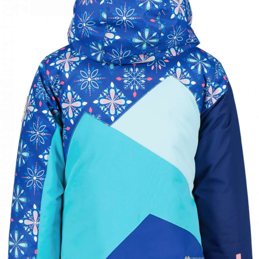 Obermeyer Girls Lissa Insulated Jacket 2022-2023 - A blue jacket with a snowflake pattern on the hood and sleeves, featuring a zipper closure and two pockets.