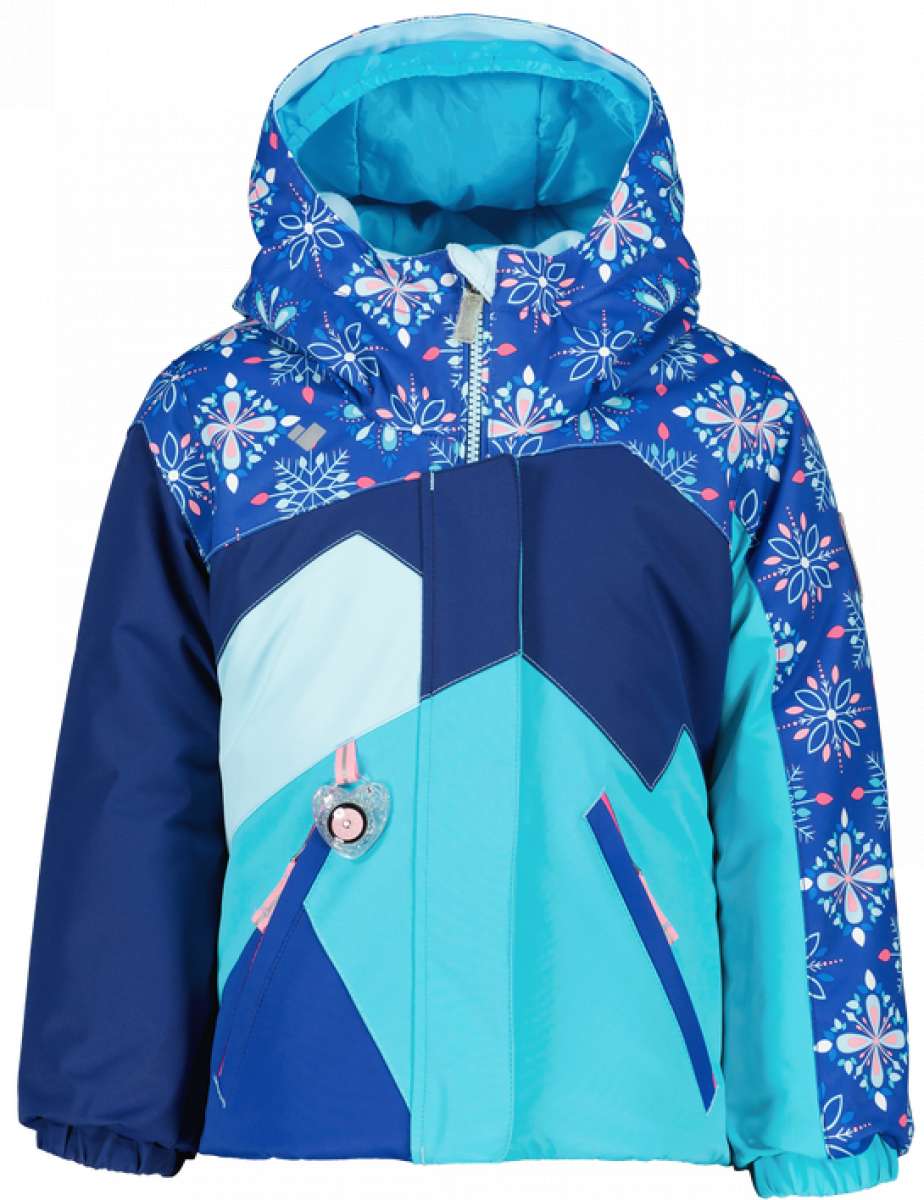 Obermeyer Girls Lissa Insulated Jacket 2022-2023 - A navy blue jacket with a white snowflake pattern on the hood and light blue accents.