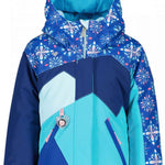 Obermeyer Girls Lissa Insulated Jacket 2022-2023 - A navy blue jacket with a white snowflake pattern on the hood and light blue accents.