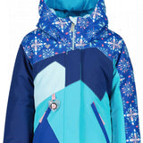 Obermeyer Girls Lissa Insulated Jacket 2022-2023 - A navy blue jacket with a white snowflake pattern on the hood and light blue accents.