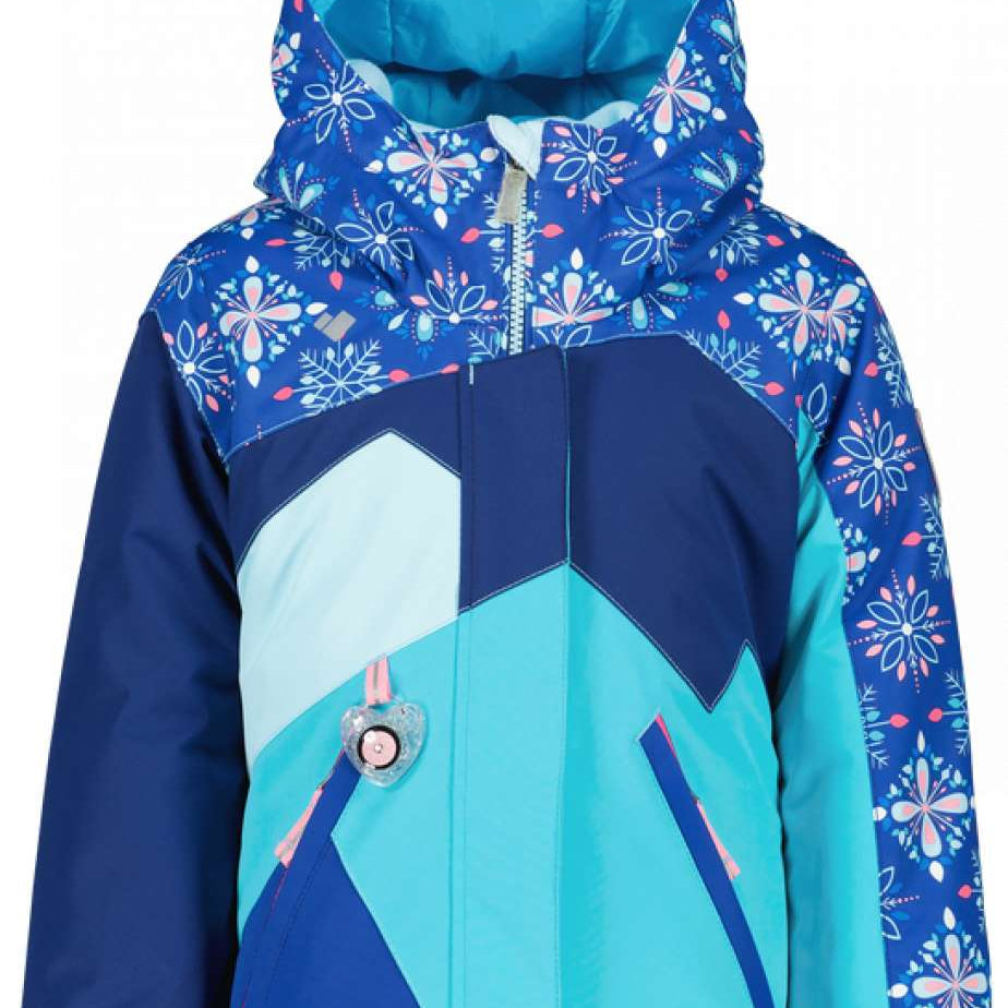 Obermeyer Girls Lissa Insulated Jacket 2022-2023 - A navy blue jacket with a white snowflake pattern on the hood and light blue accents.
