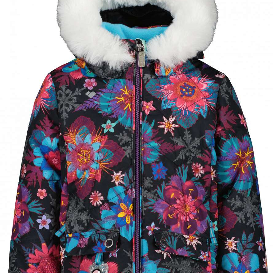 Obermeyer Girls Roselet Insulated Jacket 2022-2023 - A black jacket with a floral pattern of pink, blue, and purple flowers.