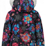 Obermeyer Girls Roselet Insulated Jacket 2022-2023 - A black jacket with a floral pattern of pink, blue, and purple flowers.
