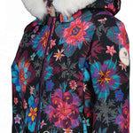Obermeyer Girls Roselet Insulated Jacket 2022-2023 - A black jacket with a floral pattern of pink, purple, and blue flowers.