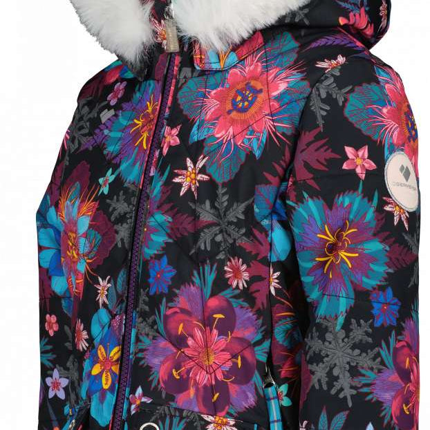 Obermeyer Girls Roselet Insulated Jacket 2022-2023 - A black jacket with a floral pattern of pink, purple, and blue flowers.