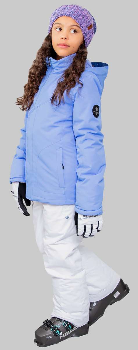 Obermeyer Girls Rylee Insulated Jacket 2022-2023 - Light blue jacket with a hood and black logo patch on the left sleeve.