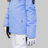 Obermeyer Girls Rylee Insulated Jacket 2022-2023 - Light blue jacket with a hood and black logo patch on the left sleeve.