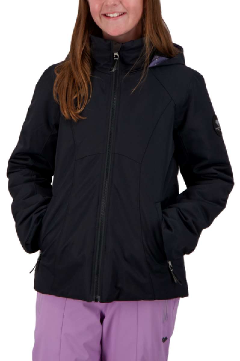 Obermeyer Girls Rylee Insulated Jacket 2022 - A black insulated jacket with a purple patterned hood lining and two zippered pockets on the front.