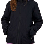 Obermeyer Girls Rylee Insulated Jacket 2022 - A black insulated jacket with a purple patterned hood lining and two zippered pockets on the front.