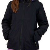 Obermeyer Girls Rylee Insulated Jacket 2022 - A black insulated jacket with a purple patterned hood lining and two zippered pockets on the front.
