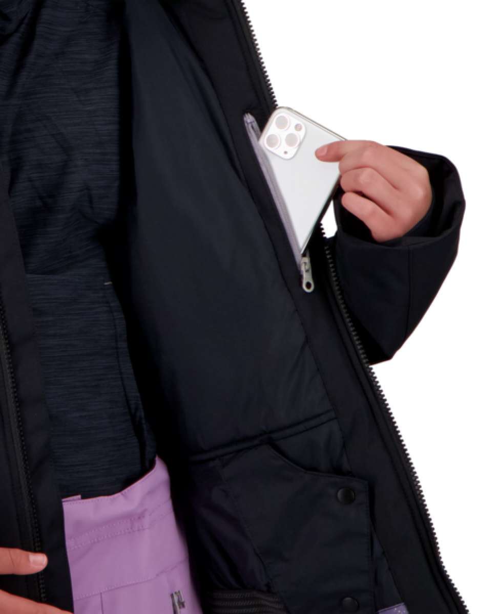 Obermeyer Girls Rylee Insulated Jacket 2022 - A black insulated jacket with a zippered chest pocket and two front pockets, featuring a white logo on the left sleeve.