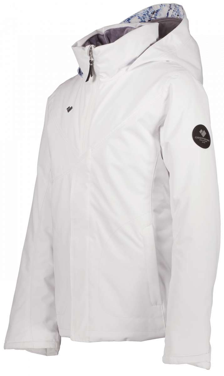 Obermeyer Girls Rylee Insulated Jacket 2022 - A white jacket with a blue and grey patterned hood lining.