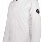 Obermeyer Girls Rylee Insulated Jacket 2022 - A white jacket with a blue and grey patterned hood lining.