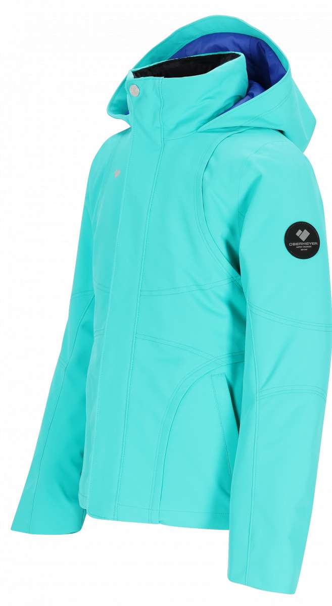 Obermeyer Girls Rylee Insulated Jacket 2024 - A bright blue jacket with a hood, featuring white buttons and a zipper down the front.
