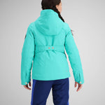 Obermeyer Girls Rylee Insulated Jacket 2024 - A bright turquoise jacket with a hood, worn by a girl with dark hair in braids, facing away from the camera.