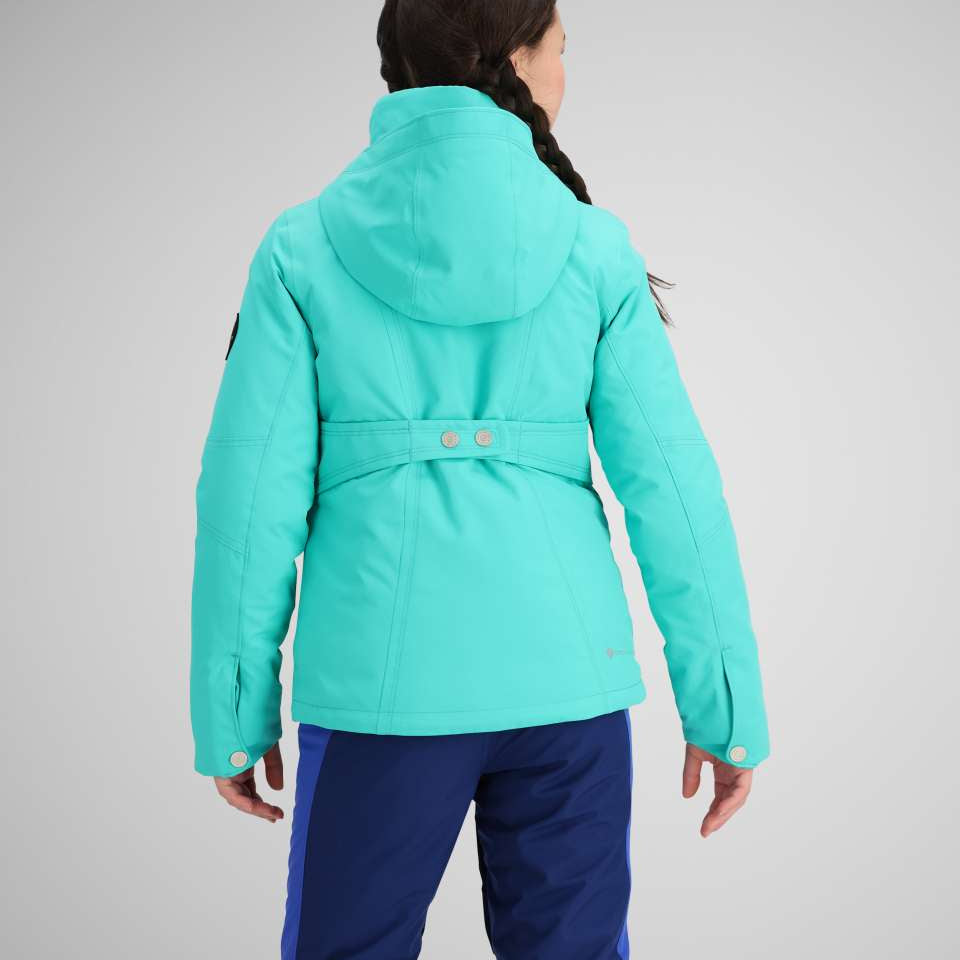 Obermeyer Girls Rylee Insulated Jacket 2024 - A bright turquoise jacket with a hood, worn by a girl with dark hair in braids, facing away from the camera.