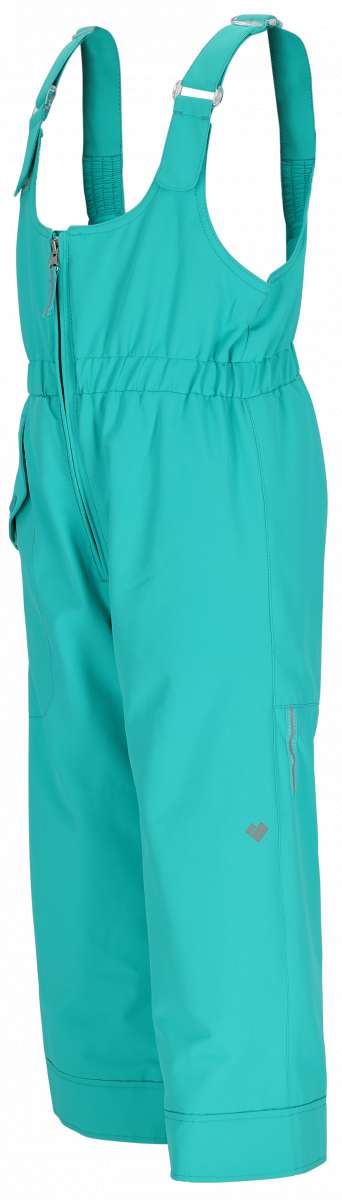 Obermeyer Girls Snoverall Insulated Bib Pants 2024 - A pair of light blue snow pants with a white logo on the left leg and adjustable straps at the shoulders.