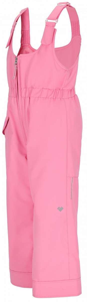 Obermeyer Girls Snoverall Insulated Bib Pants 2024 - Light pink snow pants with adjustable straps and a heart-shaped logo on the left leg.