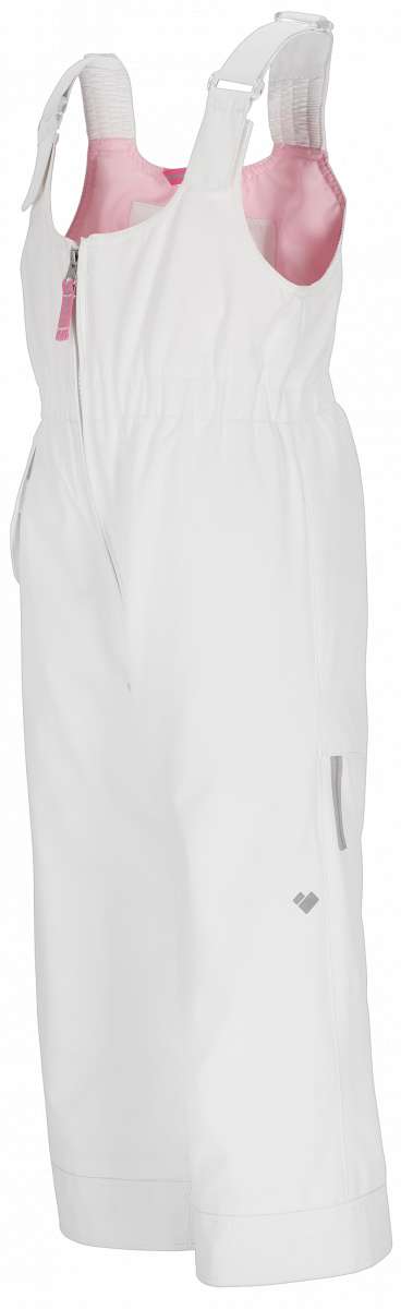 Obermeyer Girls Snoverall Insulated Bib Pants 2024 - White snow bib overall with pink interior and silver zipper on back strap.