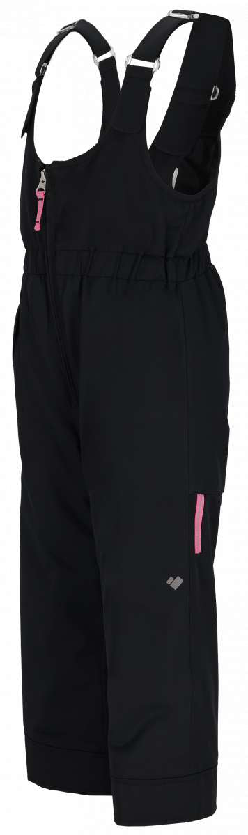 Obermeyer Girls Snoverall Insulated Bib Pants 2024 - Black snow pants with a pink zipper on the left side of the waistband.