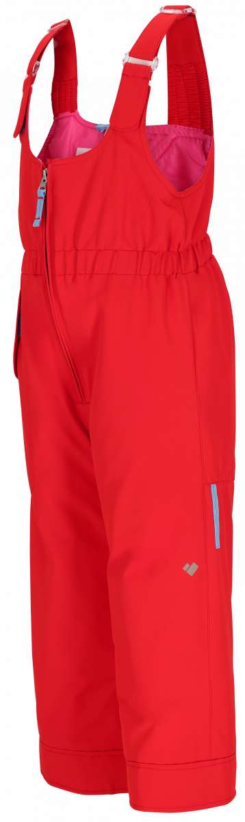 Obermeyer Girls Snoverall Insulated Bib Pants 2024 - A pair of bright pink snow pants with a quilted pattern on the inner thigh and adjustable straps at the shoulders.