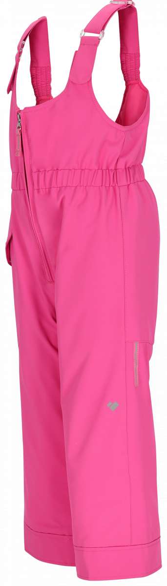 Obermeyer Girls Snoverall Insulated Bib Pants 2024 - A pair of pink snow pants with a ruffled waistband and adjustable straps.