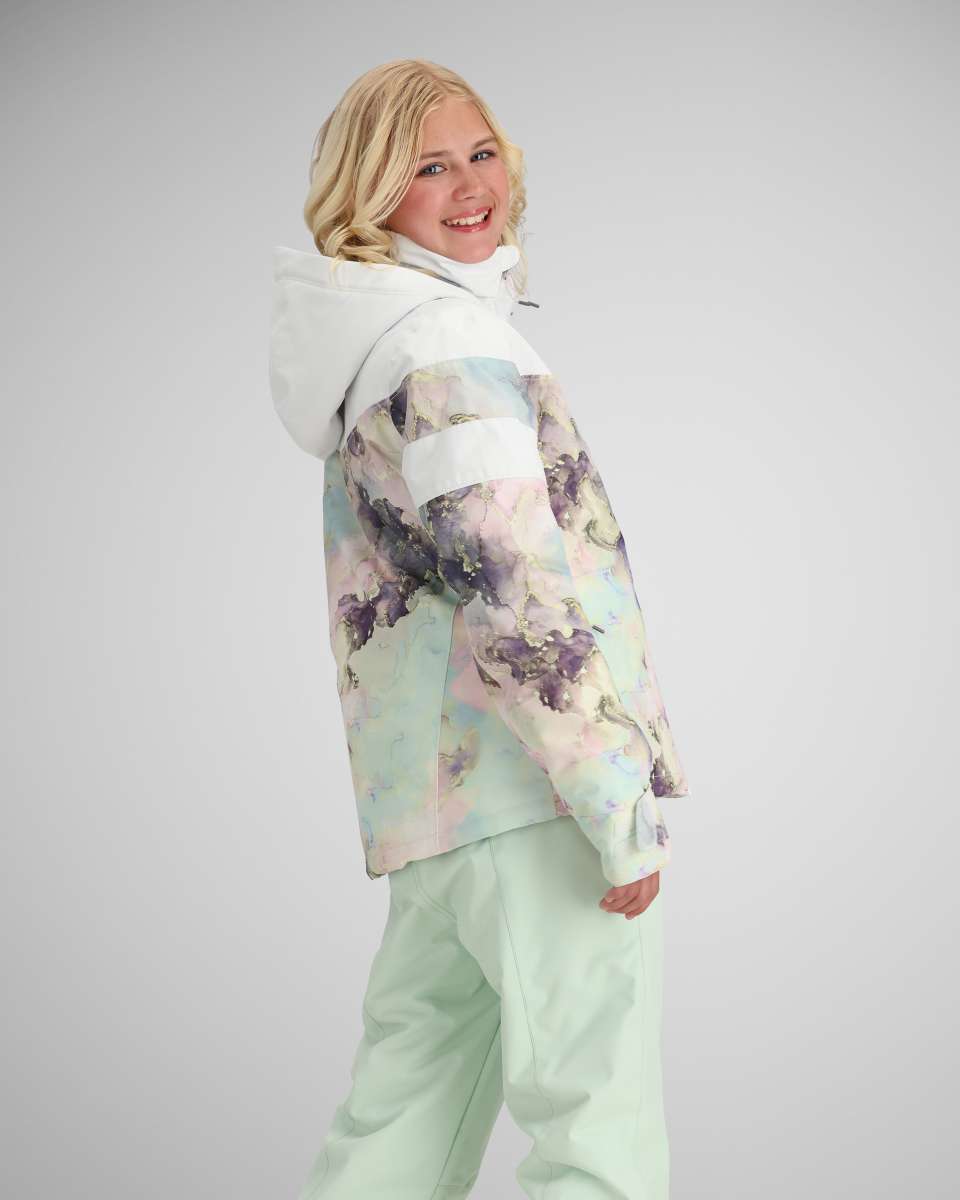 Obermeyer Girls Taja Print Insulated Jacket 2024 - A pastel-colored jacket with a purple and pink abstract floral pattern, featuring a hood and zippered pockets.
