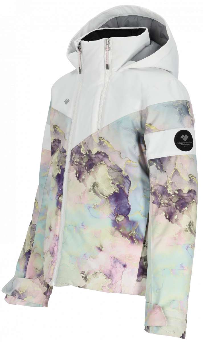 Obermeyer Girls Taja Print Insulated Jacket 2024 - A pastel-colored jacket with a marbled pattern of purple, blue, and yellow hues.