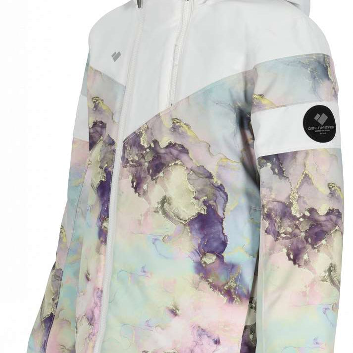 Obermeyer Girls Taja Print Insulated Jacket 2024 - A pastel-colored jacket with a marbled pattern of purple, blue, and yellow hues.