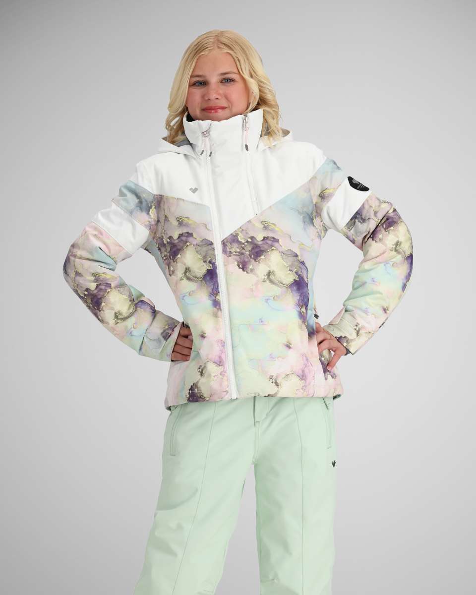Obermeyer Girls Taja Print Insulated Jacket 2024 - Pastel-colored jacket with purple and yellow abstract floral print on white background.