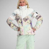 Obermeyer Girls Taja Print Insulated Jacket 2024 - Pastel-colored jacket with purple and yellow abstract floral print on white background.
