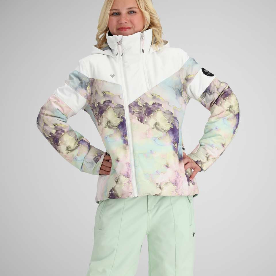 Obermeyer Girls Taja Print Insulated Jacket 2024 - Pastel-colored jacket with purple and yellow abstract floral print on white background.