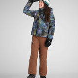 Obermeyer Girls Taja Print Insulated Jacket 2024 - A multicolored abstract floral print jacket with a hood, worn by a model posing in front of a plain background.